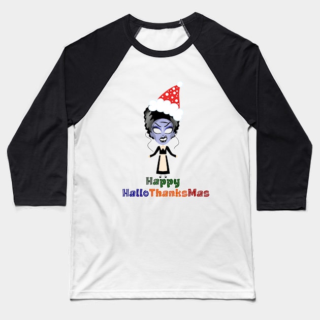 HAPPY HALLOTHANKSMAS -Witch Pilgrim with Santa Hat Baseball T-Shirt by iskybibblle